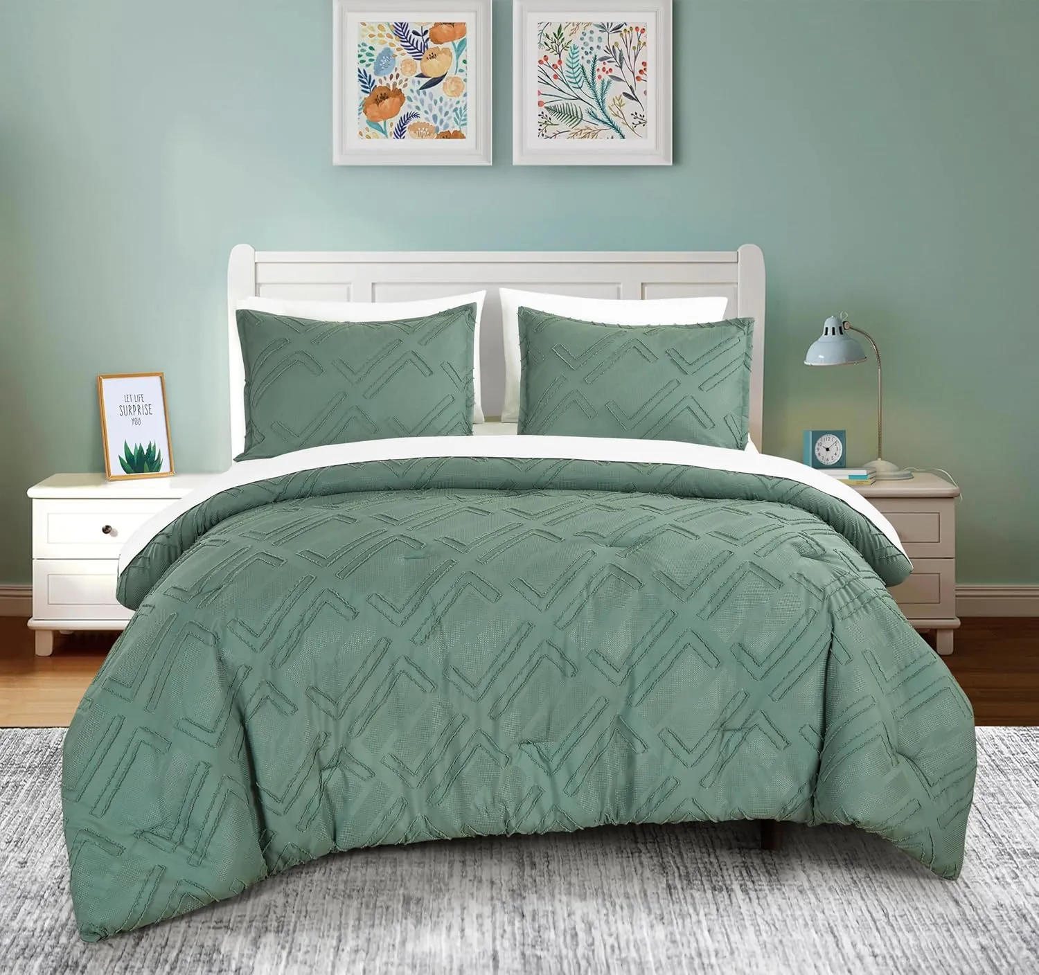 Chezmoi Collection Denise Green Clip Jacquard Geometric 7-Piece Bed in a Bag Comforter Set, Queen - Striped Pattern Waffle Textured Bedding with Sheets Set