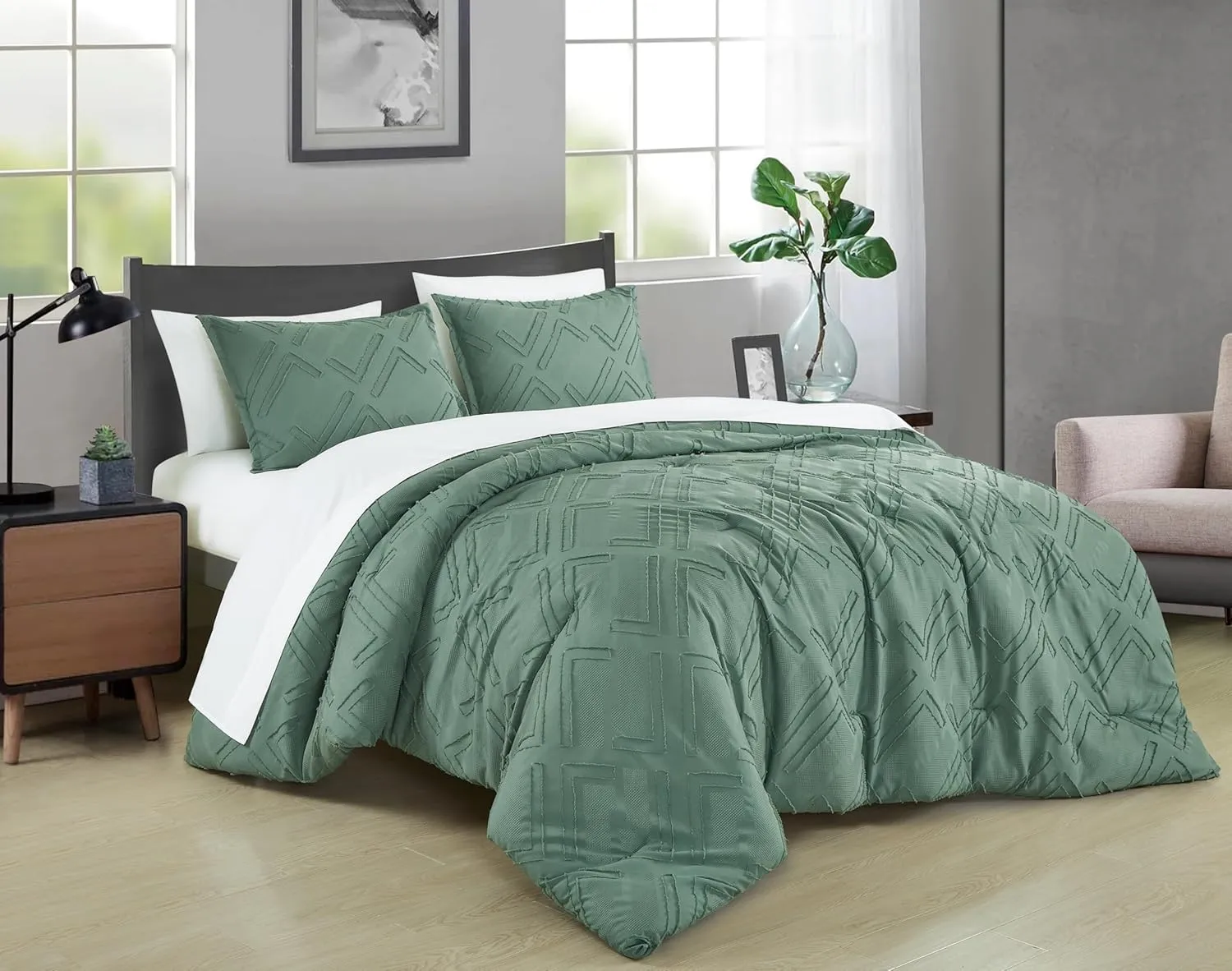 Chezmoi Collection Denise Green Clip Jacquard Geometric 7-Piece Bed in a Bag Comforter Set, Queen - Striped Pattern Waffle Textured Bedding with Sheets Set