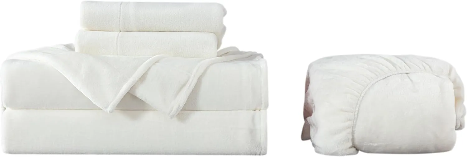 Chezmoi Collection Extra Soft Fleece Sheet Set California King, Microplush Non-Pilling Velvety Bed Sheet, Deep Pocket - Lightweight All Season Warmth, California King, Dove White