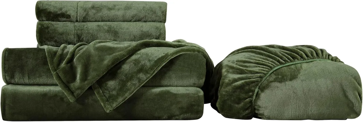 Chezmoi Collection Extra Soft Fleece Sheet Set Queen, Microplush Non-Pilling Velvety Bed Sheet, Deep Pocket - Lightweight All Season Warmth, Queen, Olive Green