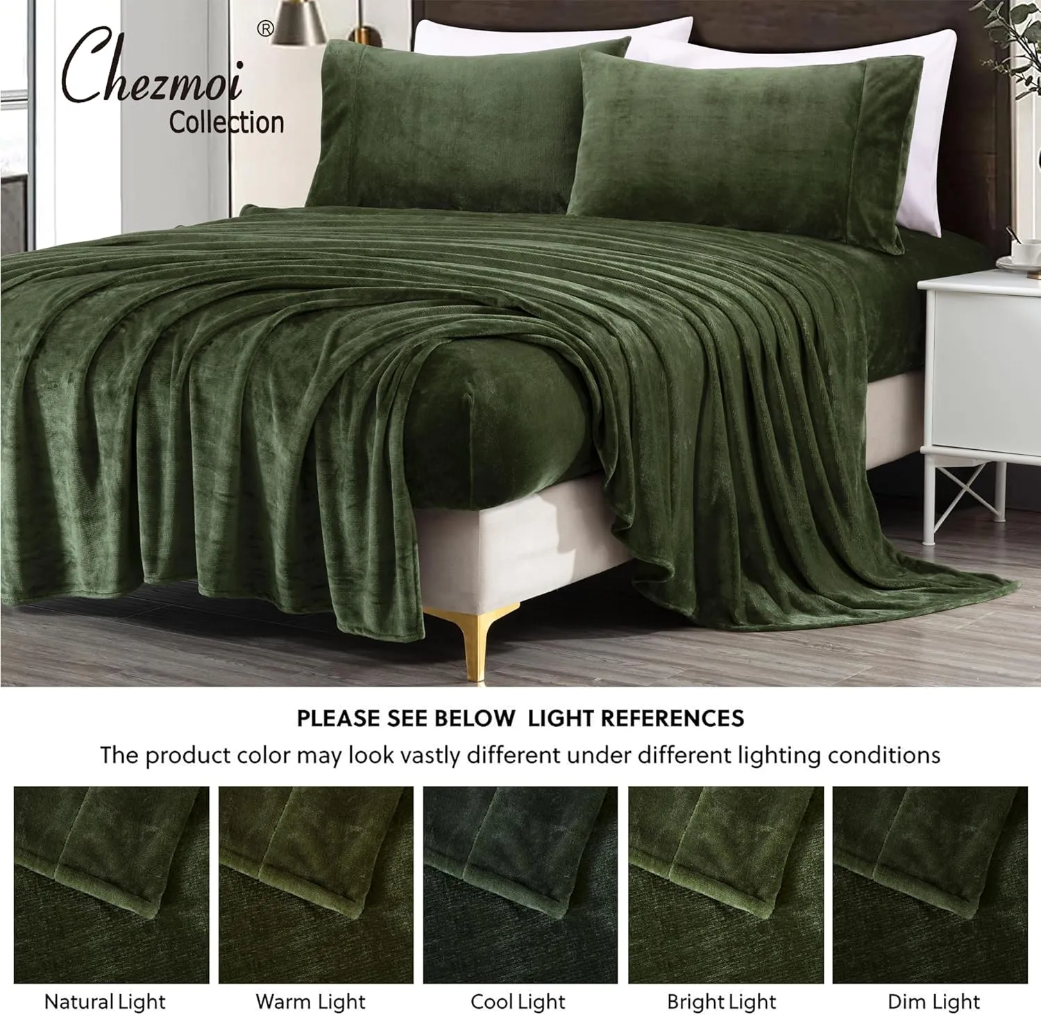 Chezmoi Collection Extra Soft Fleece Sheet Set Queen, Microplush Non-Pilling Velvety Bed Sheet, Deep Pocket - Lightweight All Season Warmth, Queen, Olive Green