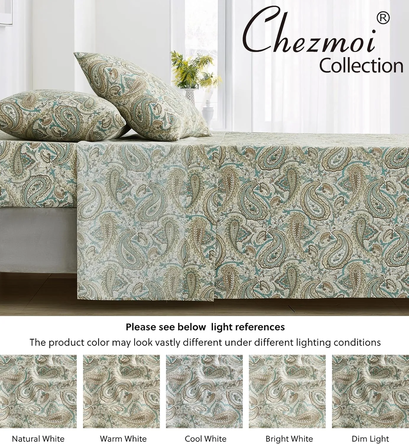 Chezmoi Collection Presley 4-Piece Paisley Cotton Sheet Set King- Elegant Teal Ivory Brown Paisley Floral Printed 100% Cotton Bed Sheets