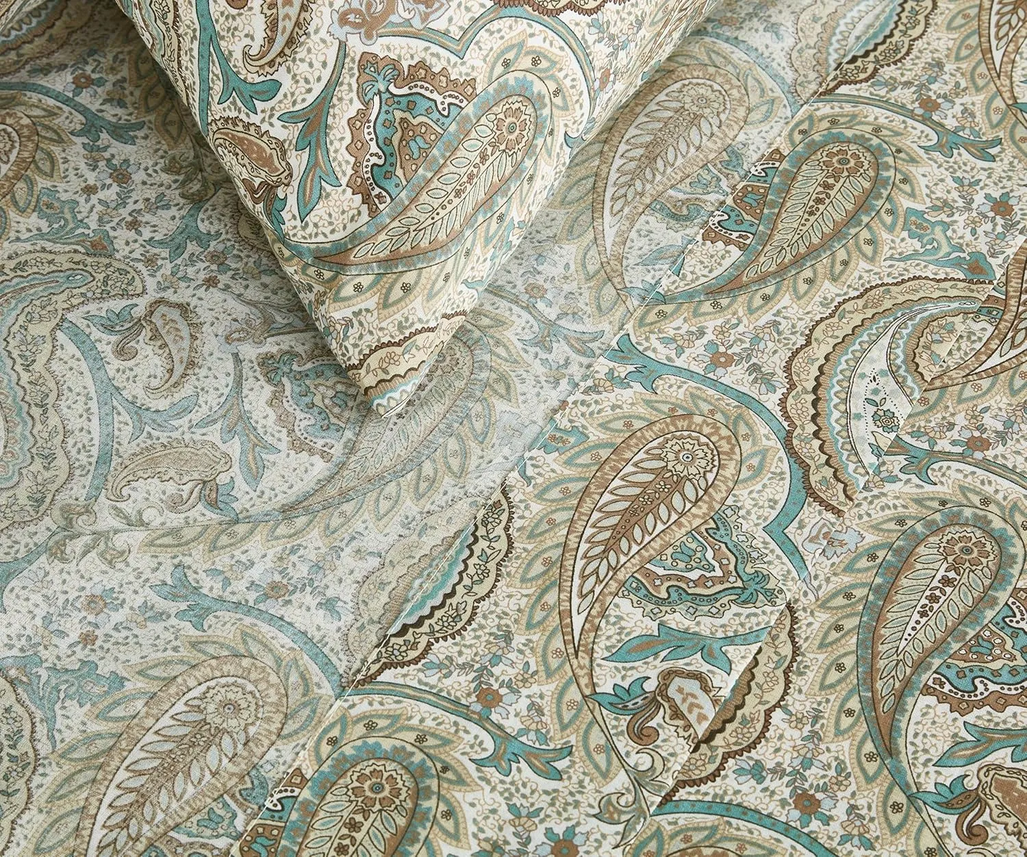 Chezmoi Collection Presley 4-Piece Paisley Cotton Sheet Set King- Elegant Teal Ivory Brown Paisley Floral Printed 100% Cotton Bed Sheets