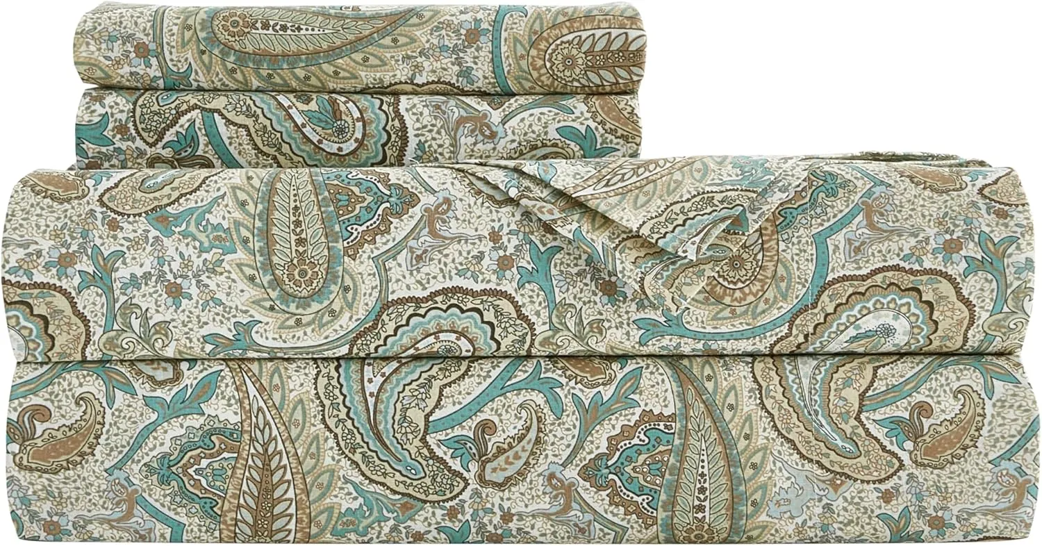 Chezmoi Collection Presley 4-Piece Paisley Cotton Sheet Set King- Elegant Teal Ivory Brown Paisley Floral Printed 100% Cotton Bed Sheets