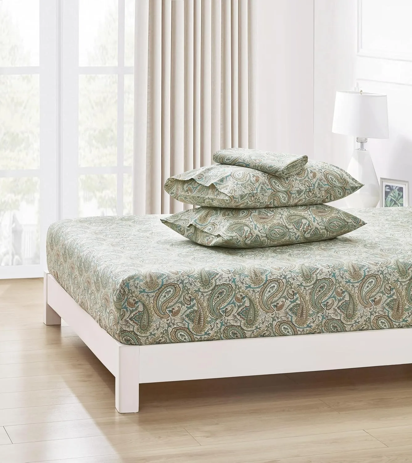 Chezmoi Collection Presley 4-Piece Paisley Cotton Sheet Set King- Elegant Teal Ivory Brown Paisley Floral Printed 100% Cotton Bed Sheets