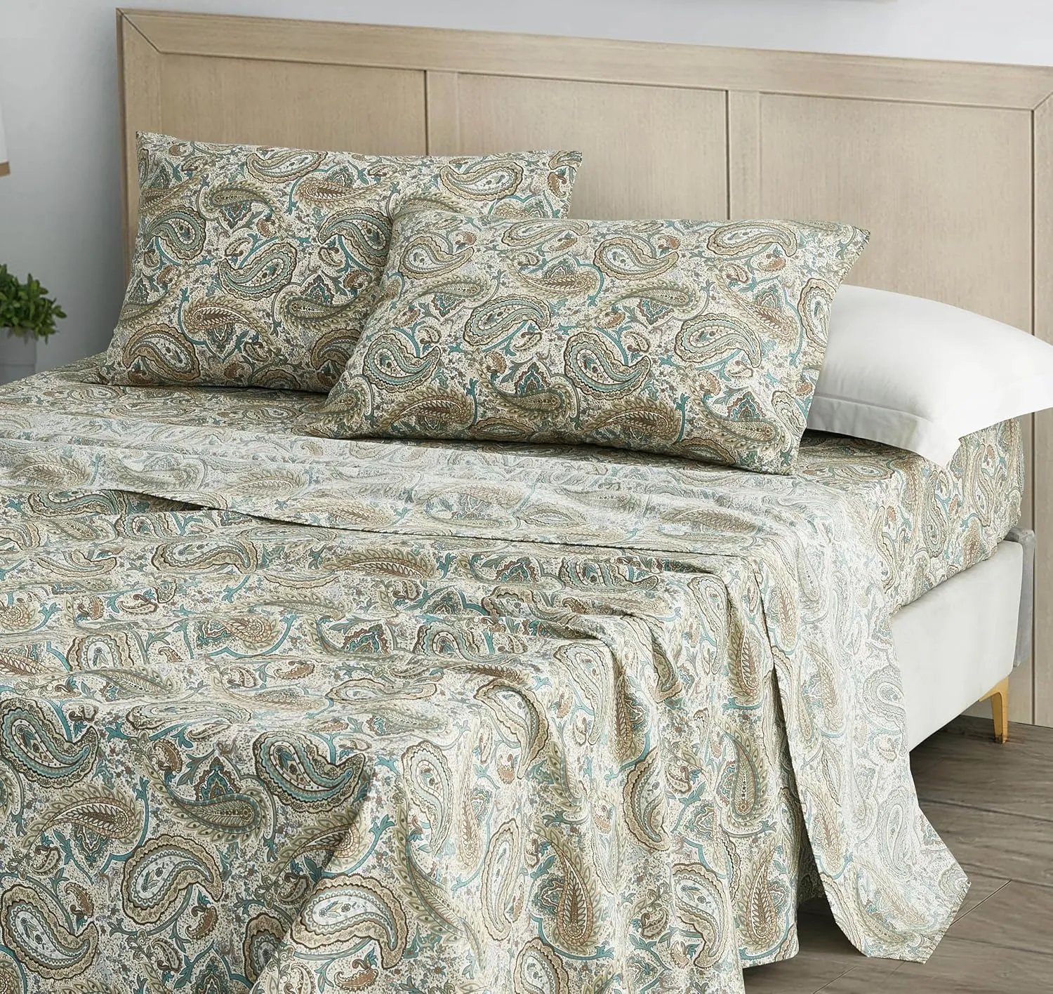 Chezmoi Collection Presley 4-Piece Paisley Cotton Sheet Set King- Elegant Teal Ivory Brown Paisley Floral Printed 100% Cotton Bed Sheets