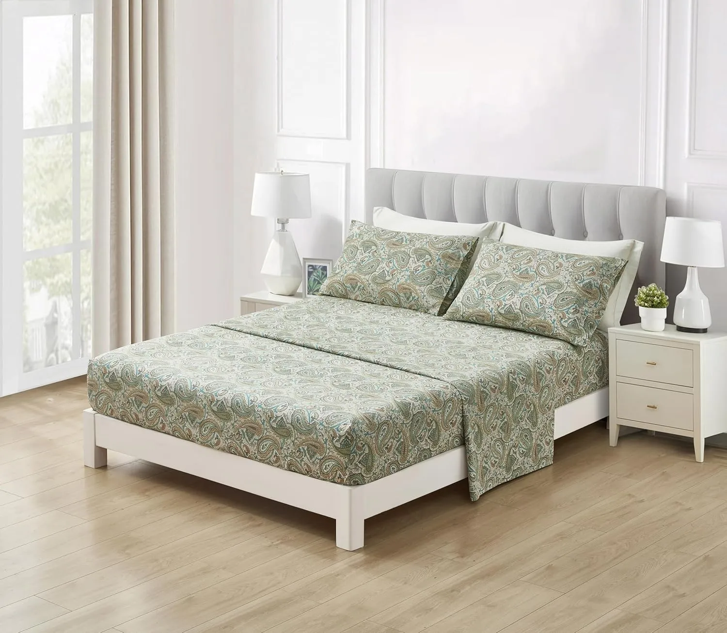Chezmoi Collection Presley 4-Piece Paisley Cotton Sheet Set King- Elegant Teal Ivory Brown Paisley Floral Printed 100% Cotton Bed Sheets