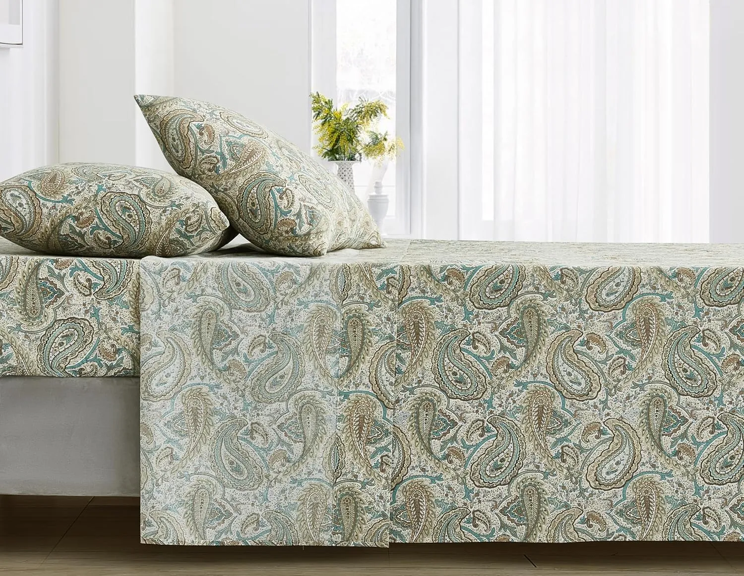 Chezmoi Collection Presley 4-Piece Paisley Cotton Sheet Set King- Elegant Teal Ivory Brown Paisley Floral Printed 100% Cotton Bed Sheets