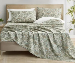 Chezmoi Collection Presley 4-Piece Paisley Cotton Sheet Set King- Elegant Teal Ivory Brown Paisley Floral Printed 100% Cotton Bed Sheets