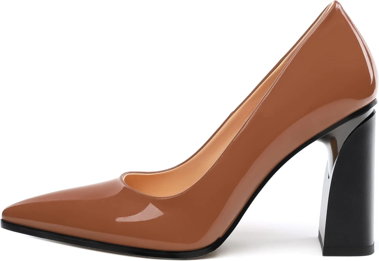Chunky Block Heels for Women Patent Closed Pointed Toe Pumps Slip on Heels Dress Wedding Shoes 3.5IN