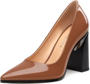 Chunky Block Heels for Women Patent Closed Pointed Toe Pumps Slip on Heels Dress Wedding Shoes 3.5IN