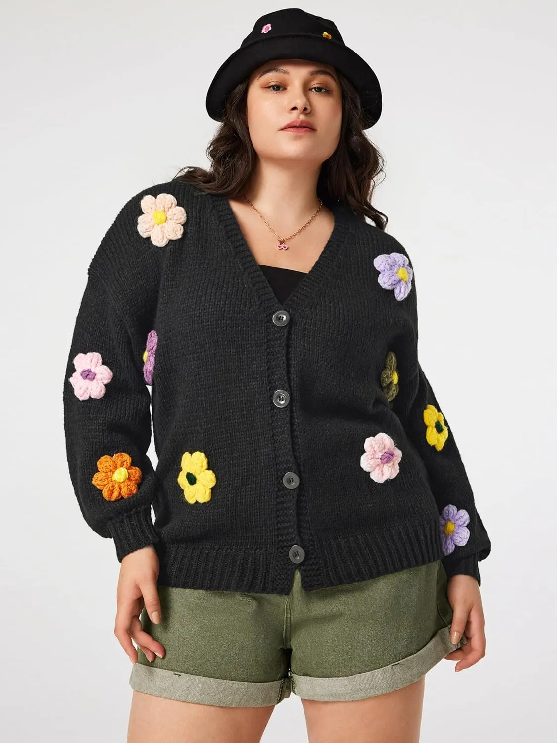 CIDER Women’s Floral Cropped Cardigan Cute Flower V Neck Button Down Trendy Sweater