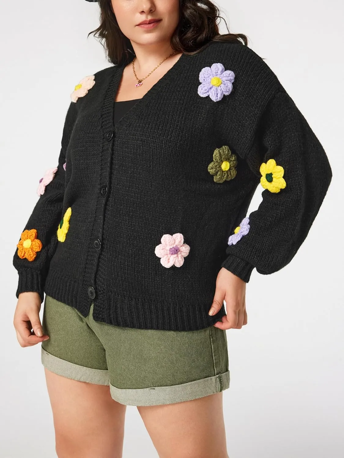 CIDER Women’s Floral Cropped Cardigan Cute Flower V Neck Button Down Trendy Sweater
