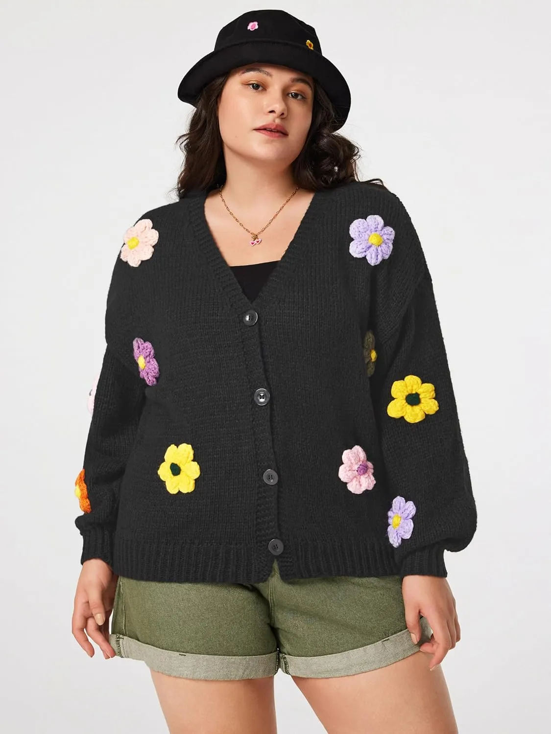CIDER Women’s Floral Cropped Cardigan Cute Flower V Neck Button Down Trendy Sweater