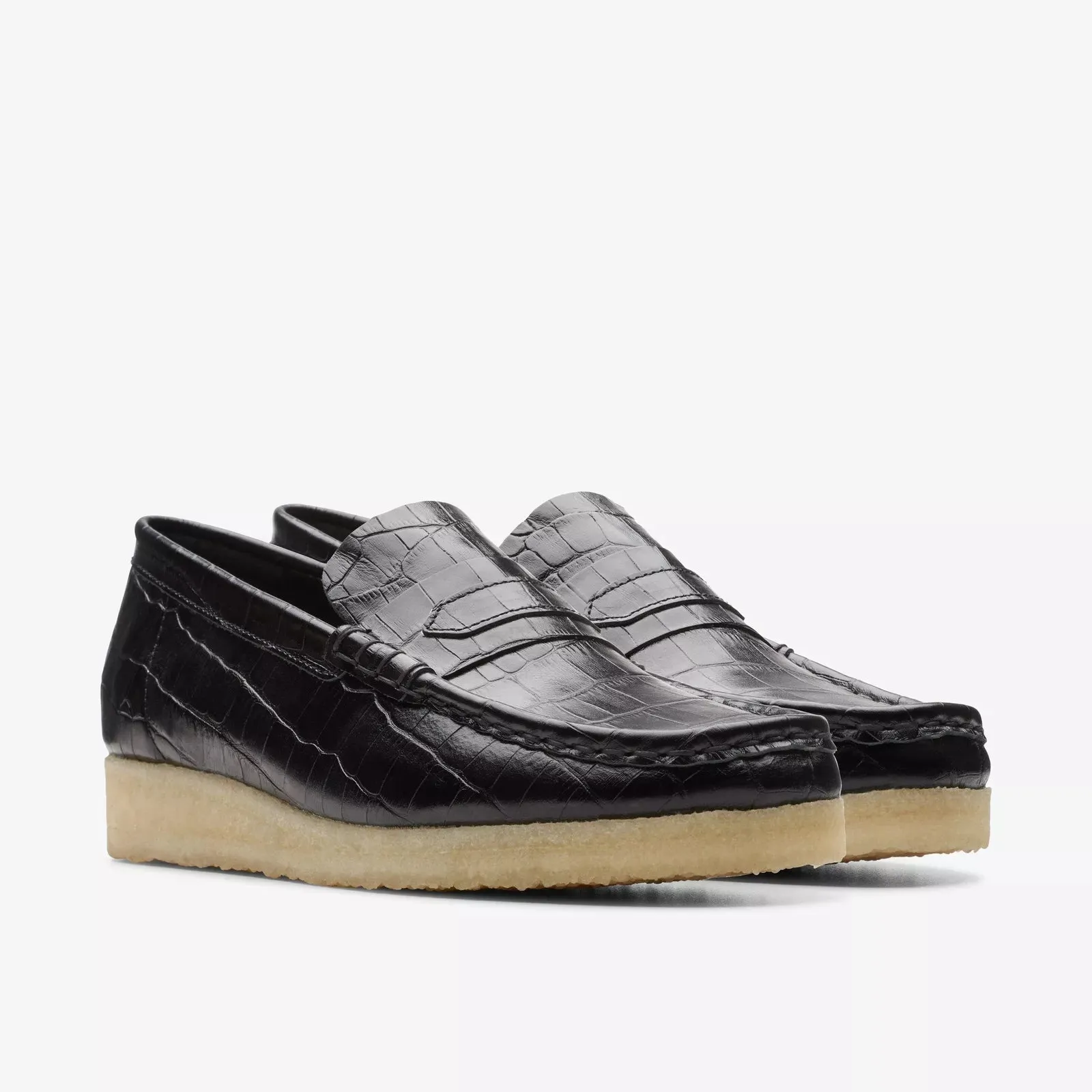 Clarks Women's Wallabee Loafer Black Croc Print Leather 26174016