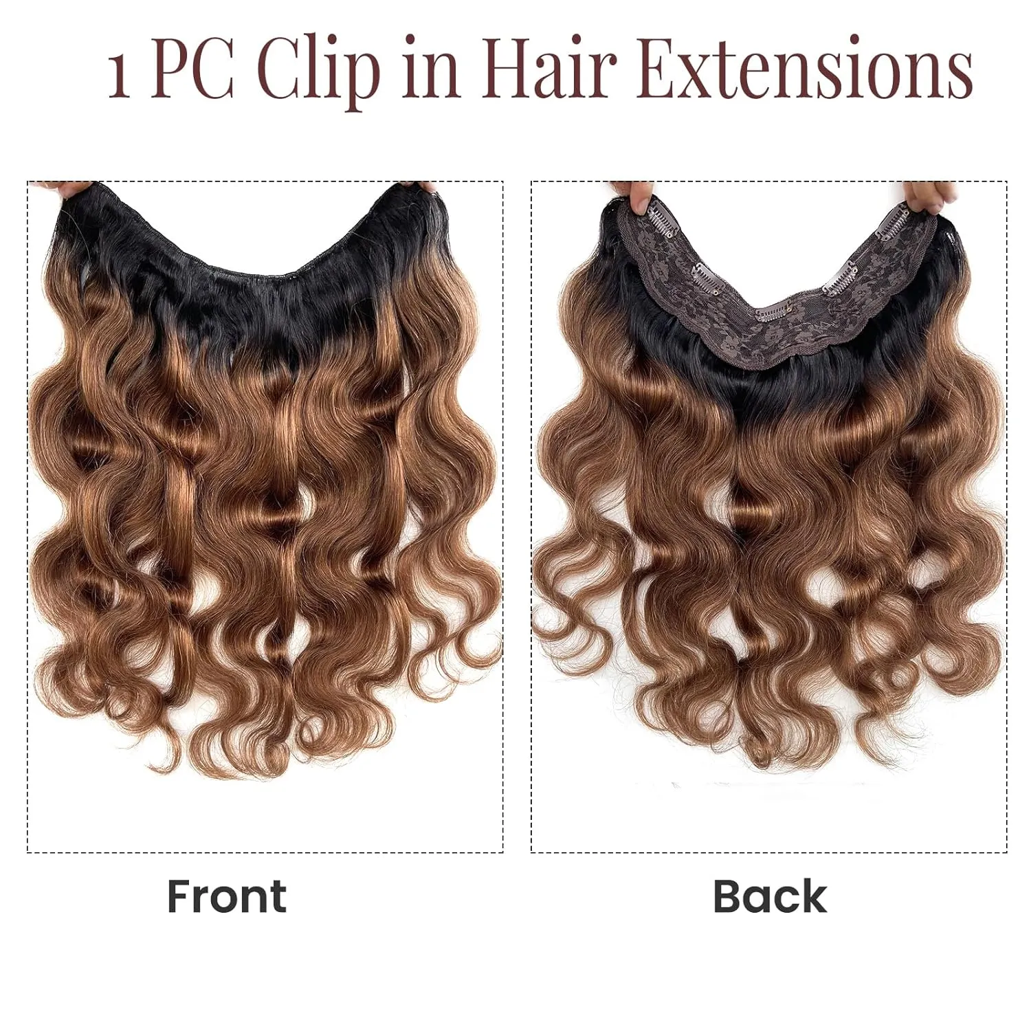 Clip in Hair Extensions,1 Piece Hair Extensions Real Human Hair Clip ins 20 Inch Ombre Black to Brown Hair Extensions Body Wave Clip in Hair Extensions Real Human Hair Double Weft Hair Extensions