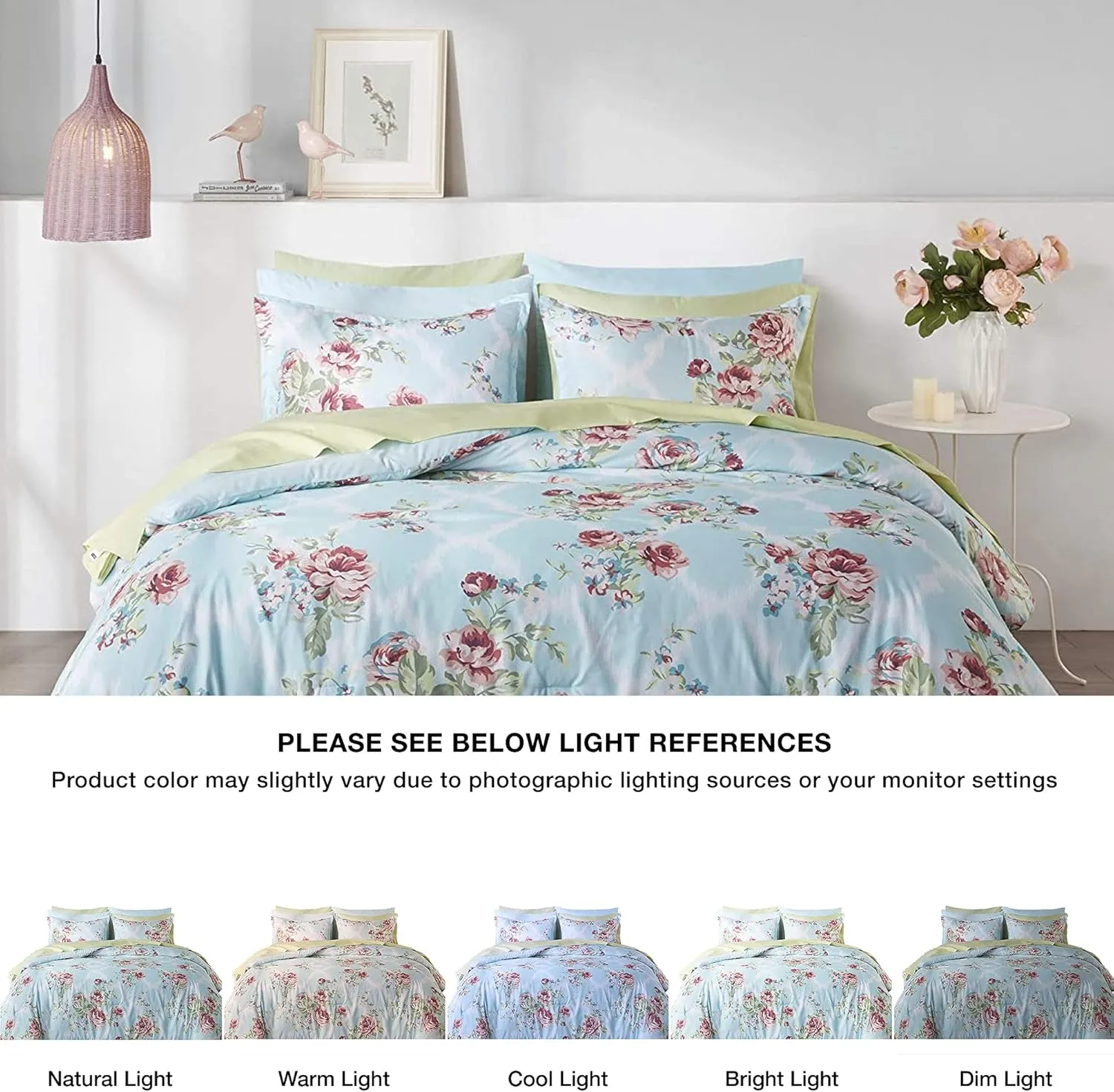 Comfort Spaces Bed in A Bag - Trendy Casual Design Cozy Comforter with Complete Sheet Set with Side Pocket, All Season Cover, Matching Shams, Queen, Natalie, Floral Blue 9 Piece