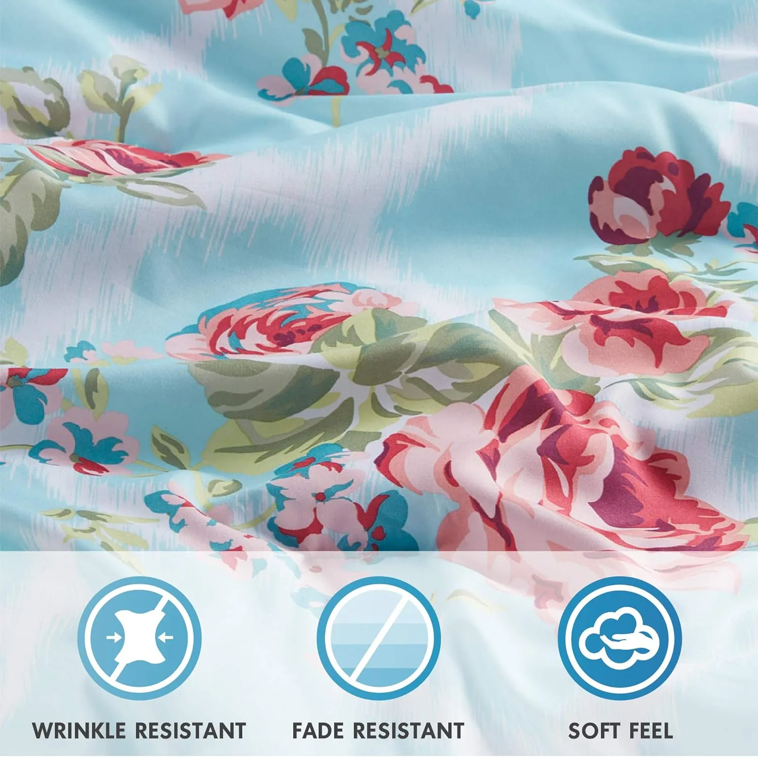 Comfort Spaces Bed in A Bag - Trendy Casual Design Cozy Comforter with Complete Sheet Set with Side Pocket, All Season Cover, Matching Shams, Queen, Natalie, Floral Blue 9 Piece