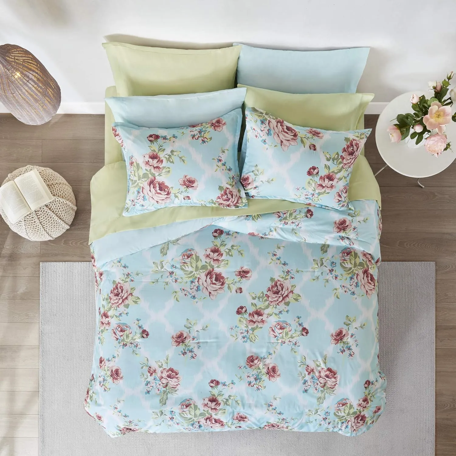 Comfort Spaces Bed in A Bag - Trendy Casual Design Cozy Comforter with Complete Sheet Set with Side Pocket, All Season Cover, Matching Shams, Queen, Natalie, Floral Blue 9 Piece