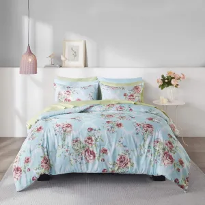 Comfort Spaces Bed in A Bag - Trendy Casual Design Cozy Comforter with Complete Sheet Set with Side Pocket, All Season Cover, Matching Shams, Queen, Natalie, Floral Blue 9 Piece