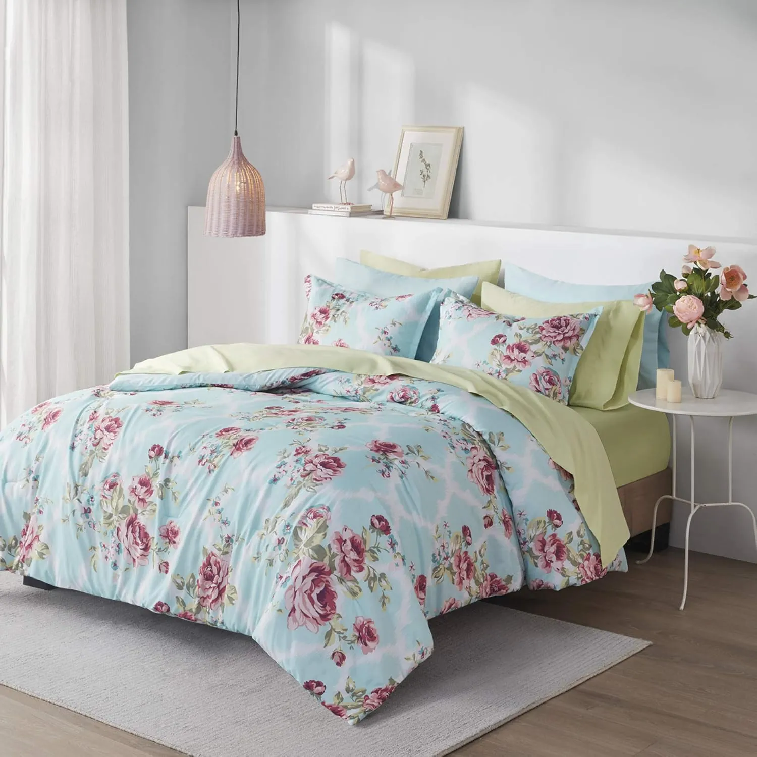Comfort Spaces Bed in A Bag - Trendy Casual Design Cozy Comforter with Complete Sheet Set with Side Pocket, All Season Cover, Matching Shams, Queen, Natalie, Floral Blue 9 Piece