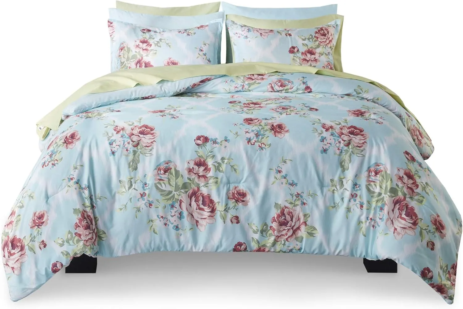 Comfort Spaces Bed in A Bag - Trendy Casual Design Cozy Comforter with Complete Sheet Set with Side Pocket, All Season Cover, Matching Shams, Queen, Natalie, Floral Blue 9 Piece