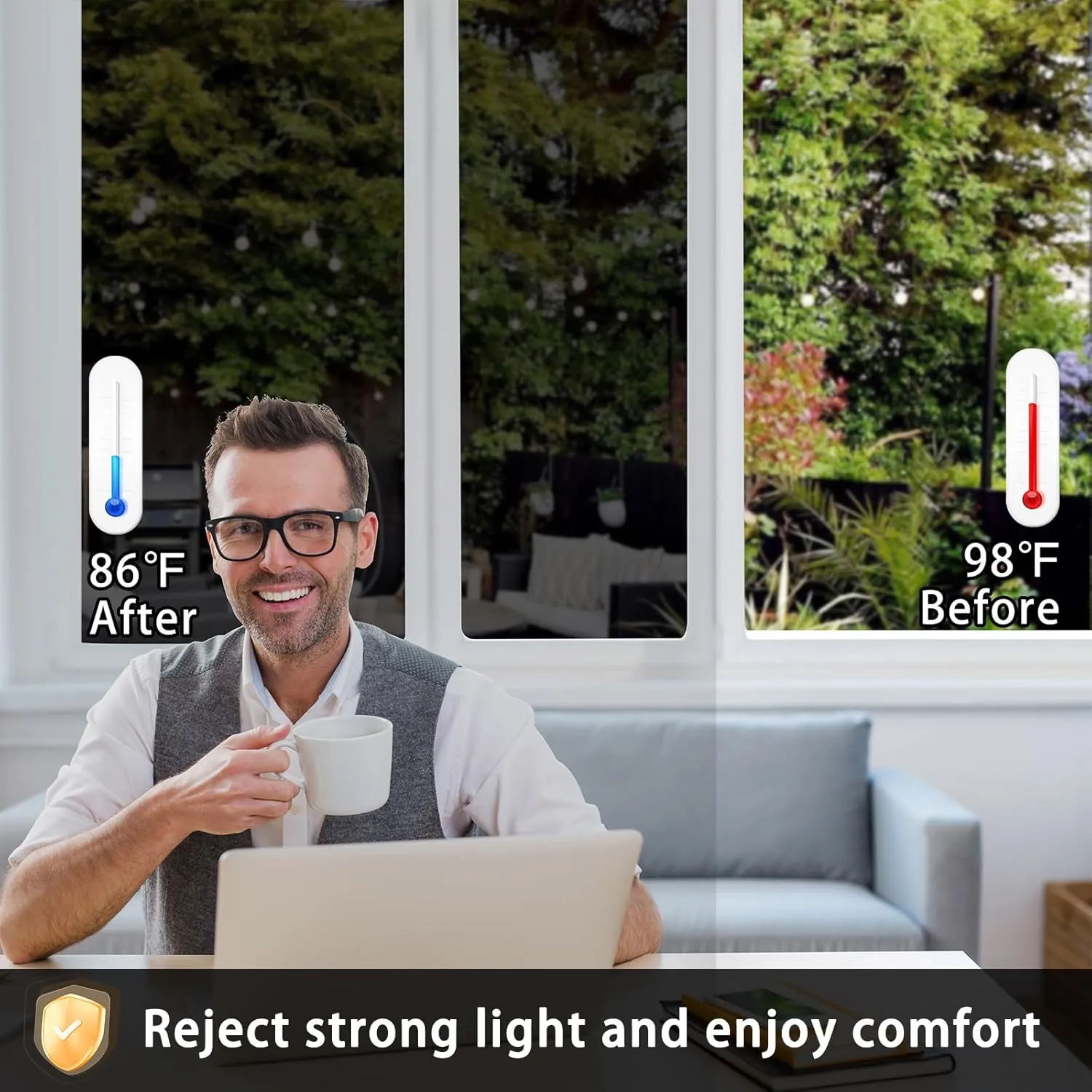 ConCus-T One Way Window Privacy Film with 4 Free Tools, Heat Control UV Blocking Window Tint for Home Reflective Mirror Film Static Cling Door Glass Covering, Black, 46.85Inch x 9.8Feet