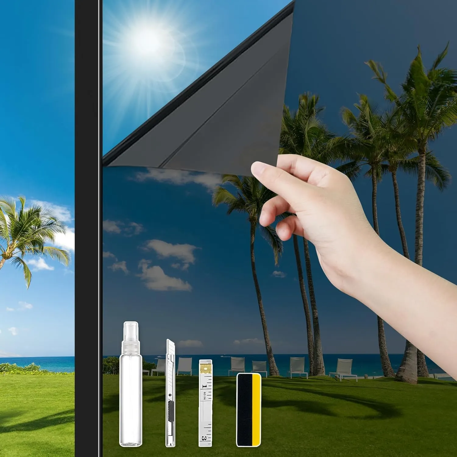 ConCus-T One Way Window Privacy Film with 4 Free Tools, Heat Control UV Blocking Window Tint for Home Reflective Mirror Film Static Cling Door Glass Covering, Black, 46.85Inch x 9.8Feet