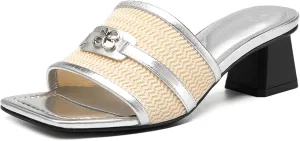 COSY Women's Striped Chunky Block Heel Square Open Toe Slip on Mules Dressy Shoes - Comfort Walkable Low Heel, Non-Slip Sole for Beach, Office & Outings