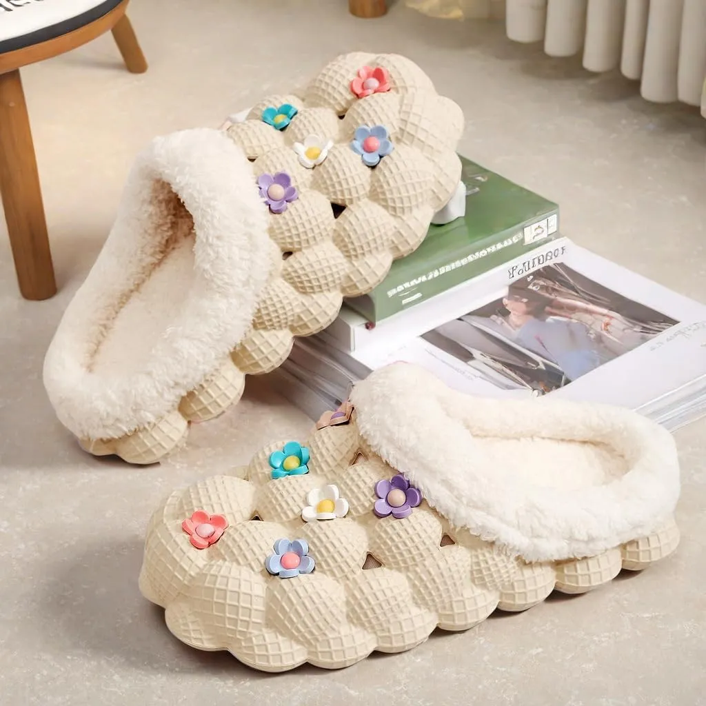Cozy Plush Lined Bubble Slippers for Women - Cute Decor, Closed Toe, Fuzzy Shoes for Warm Winter Comfort