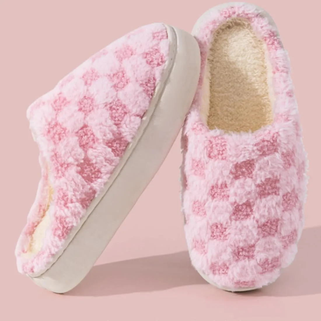 Cute Bedroom Slip on Plaid Shoes House Slippers for Women Plush Warm Fuzzy Slippers Cozy Checkered Slippers