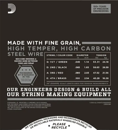 D'Addario Chromes Bass, Light, Long Scale, 45-100 Bass Guitar Strings - ECB81