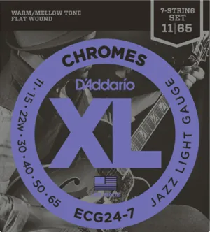 D'Addario Chromes Flat Wound, 7-String, Jazz Light, 11-65 Electric Guitar Strings - ECG24-7
