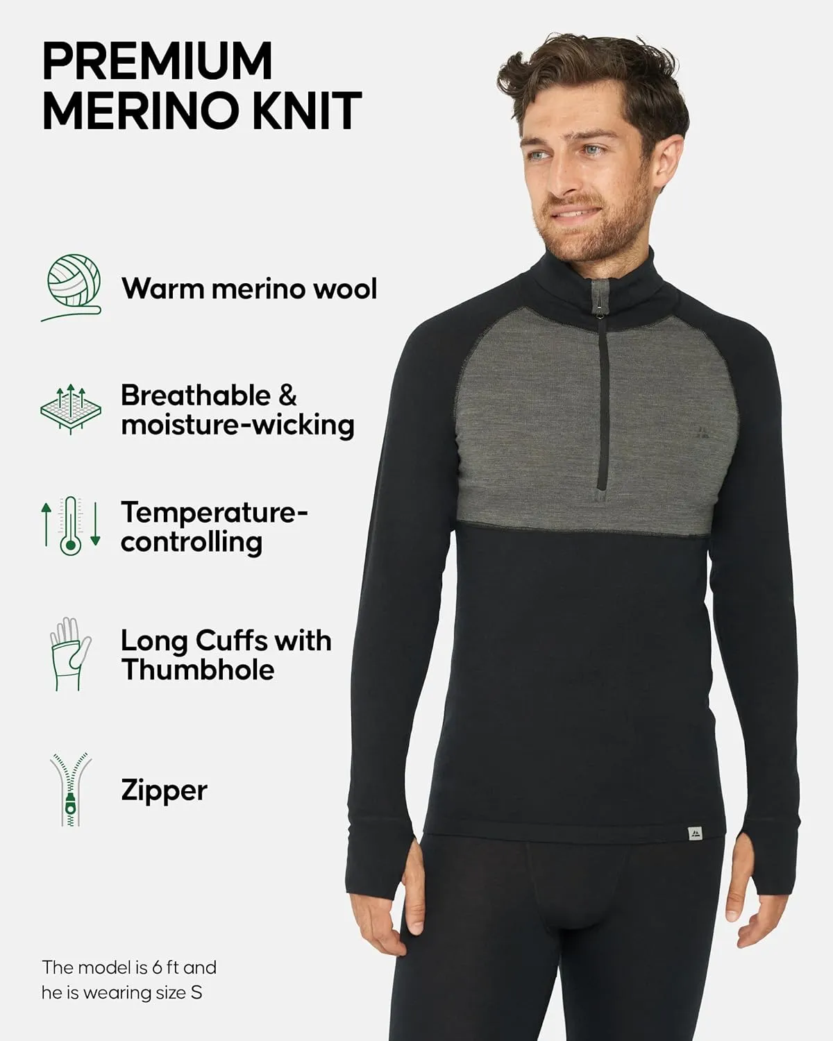 DANISH ENDURANCE Merino Wool Long Sleeve for Men, Thermal Top, Merino Wool Base Layer Underwear, with or Without a Zipper