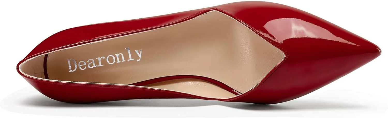DearOnly Womens Mid Stiletto Heel Dress Slip-on Close Pointed Toe Pumps Cute Patent Leather Prom Casual Shoes 2.4 Inches Heels