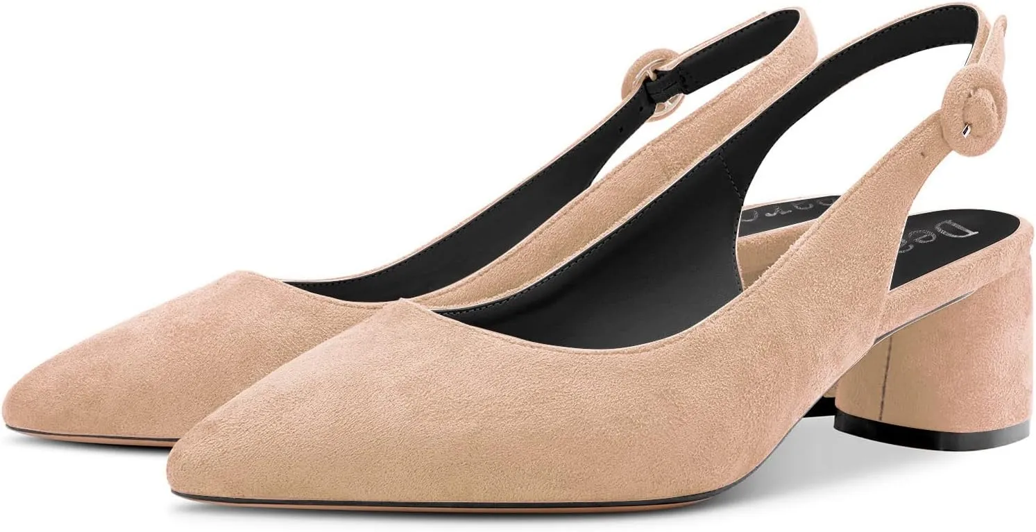 DearOnly Womens Pumps Slingback Ankle Strap Low Kitten Block Chunky Heel Pointed Toe Slip On Dress Shoes Suede Cute Vintage Comfort 2 Inch
