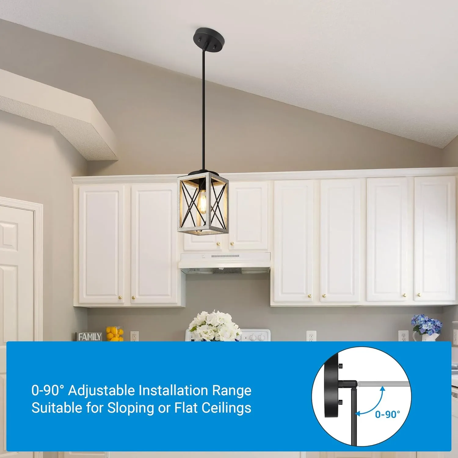DEWENWILS Pendant Light, Metal Pendant Light Fixtures with Wooden Grain Finish, 48" Adjustable Pipes for Flat and Slop Ceiling, Hanging Ceiling Lamp for Kitchen, Living Room, Bedroom, E26 Base