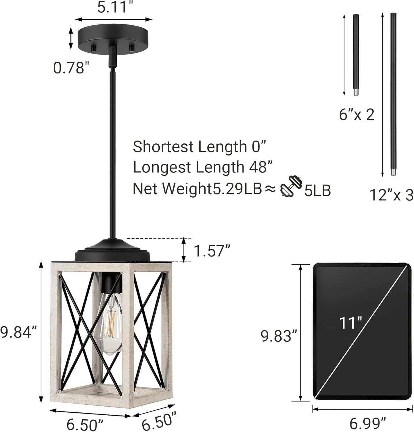 DEWENWILS Pendant Light, Metal Pendant Light Fixtures with Wooden Grain Finish, 48" Adjustable Pipes for Flat and Slop Ceiling, Hanging Ceiling Lamp for Kitchen, Living Room, Bedroom, E26 Base