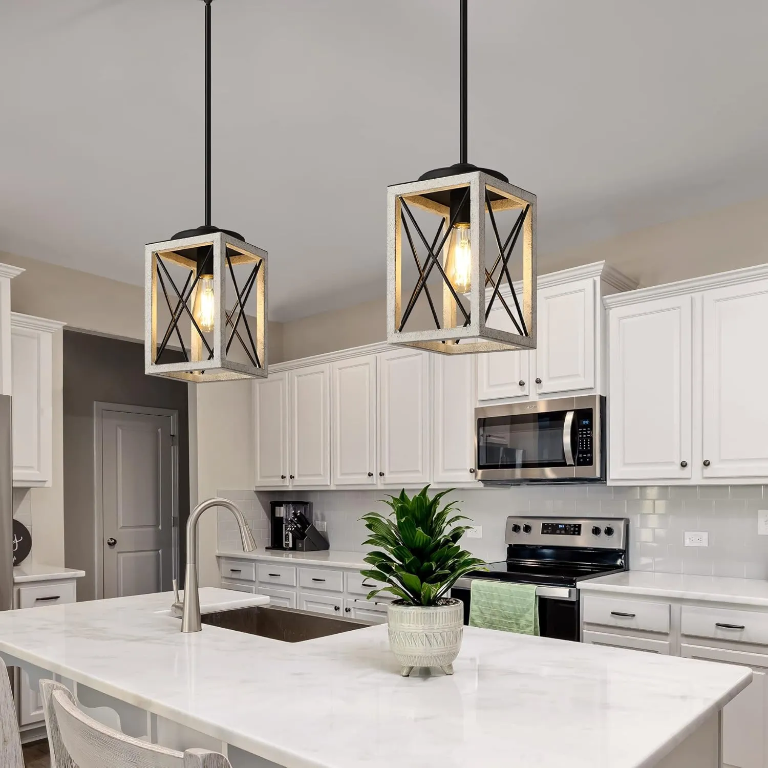 DEWENWILS Pendant Light, Metal Pendant Light Fixtures with Wooden Grain Finish, 48" Adjustable Pipes for Flat and Slop Ceiling, Hanging Ceiling Lamp for Kitchen, Living Room, Bedroom, E26 Base