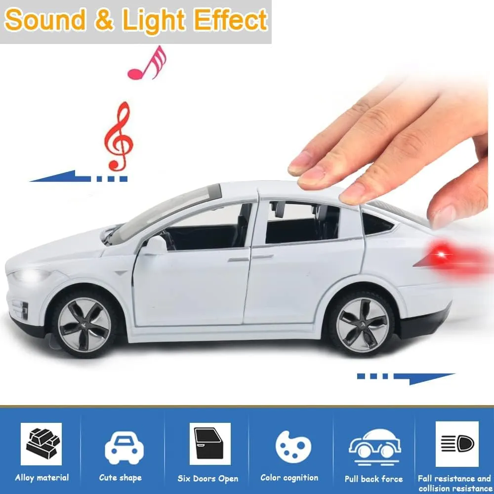 Diecast Car Model X Toy, 1:32 Scale Zinc Alloy Casting Pull Back Vehicles Door Opening with Sound and Light, Mini Electronic Toys X90 Collectible Car for Toddlers Kids Birthday Gift, White