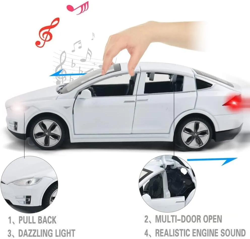 Diecast Car Model X Toy, 1:32 Scale Zinc Alloy Casting Pull Back Vehicles Door Opening with Sound and Light, Mini Electronic Toys X90 Collectible Car for Toddlers Kids Birthday Gift, White