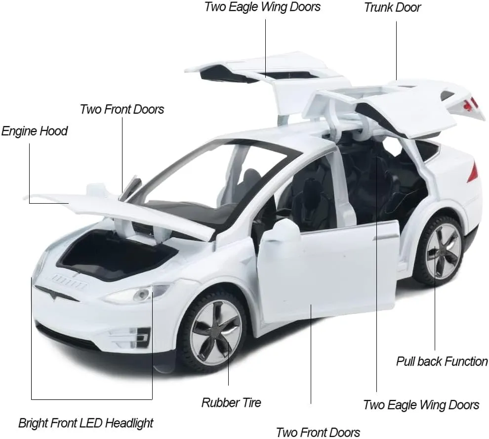 Diecast Car Model X Toy, 1:32 Scale Zinc Alloy Casting Pull Back Vehicles Door Opening with Sound and Light, Mini Electronic Toys X90 Collectible Car for Toddlers Kids Birthday Gift, White