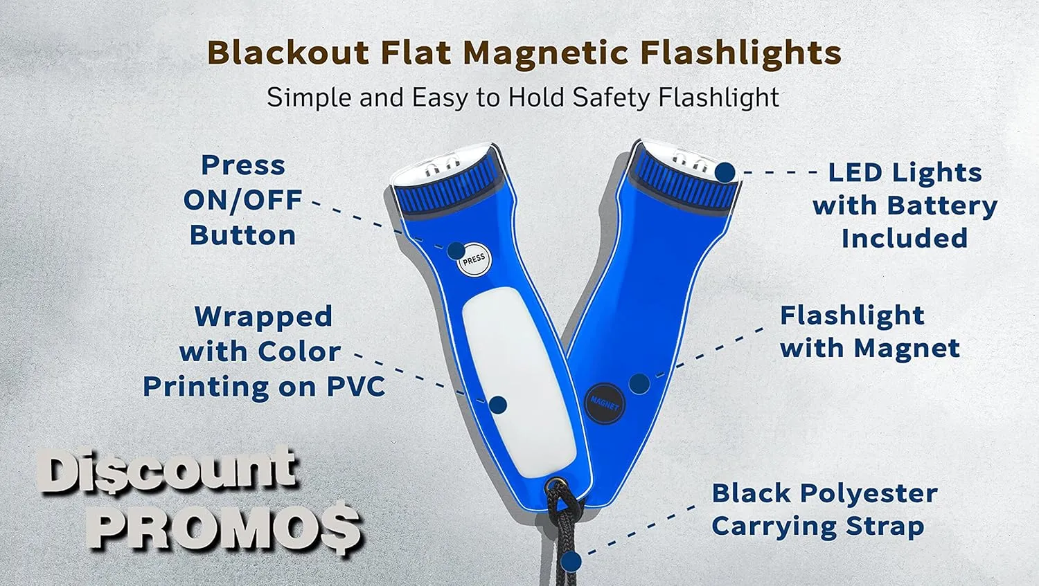 DISCOUNT PROMOS 10 Blackout Flat Magnetic Flashlights Set - LED Lights, Wrist Strap Included, Fridge Magnet - Blue