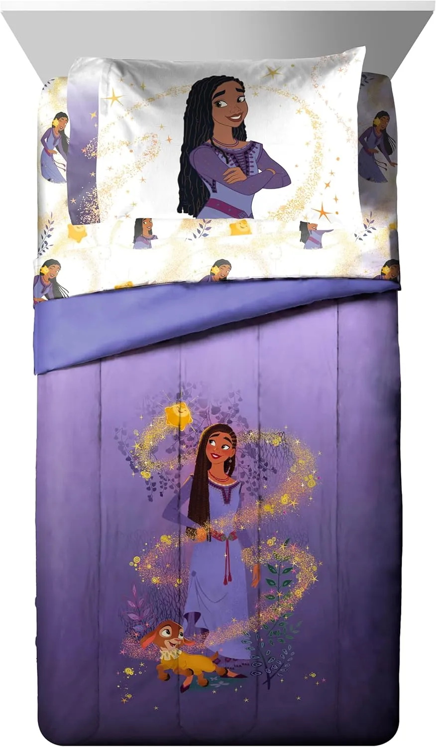Disney Wish Full Comforter Set - 7 Piece Bed Set Includes Sheet Set & Pillow Covers - Super Soft Kids Bedding Features Asha, Valentino & Star