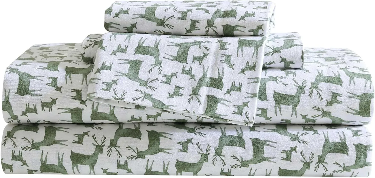Eddie Bauer - Twin Sheets, Cotton Flannel Bedding Set, Brushed for Extra Softness, Cozy Home Decor, Oeko-Tex Certified (Deer Camp Green, Twin)