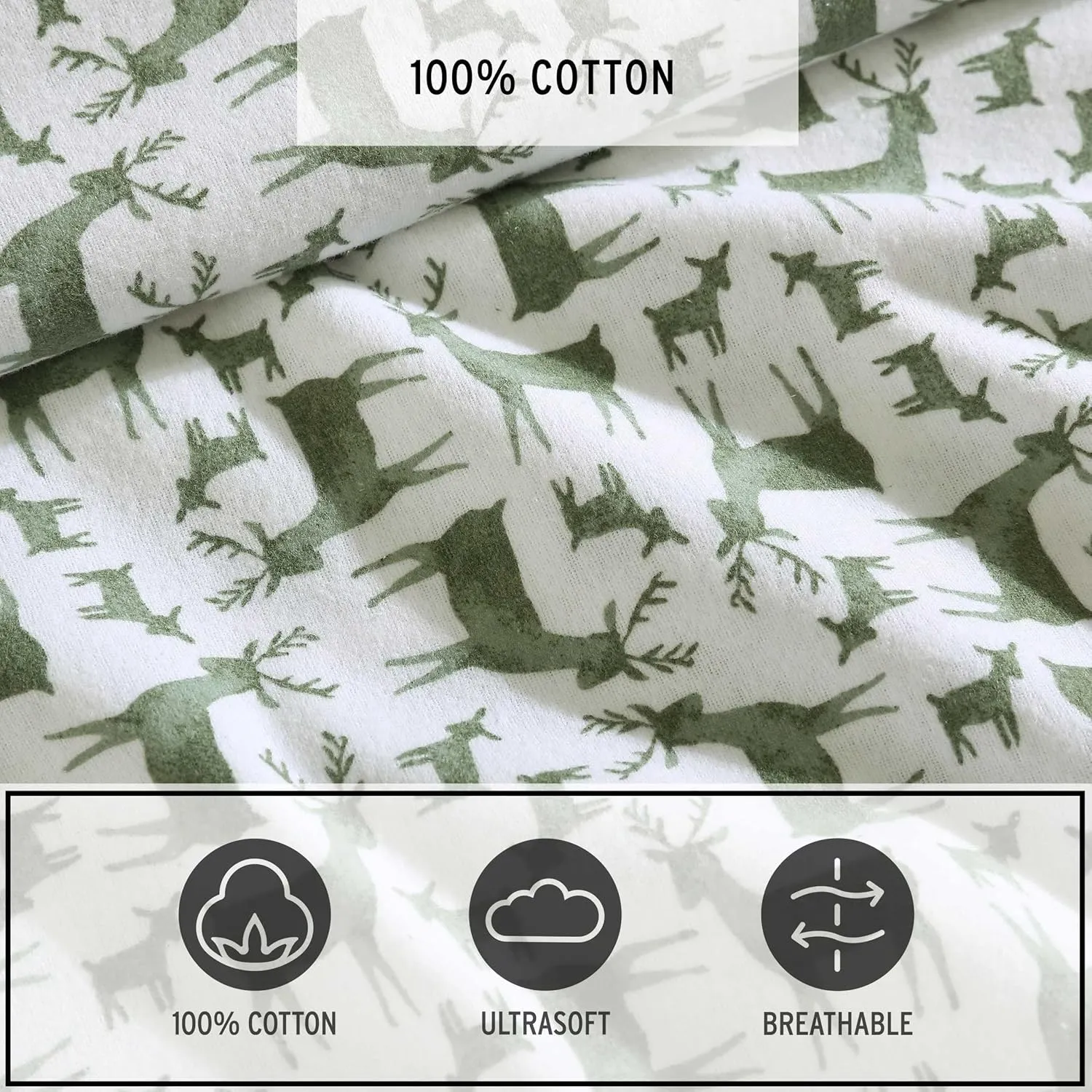 Eddie Bauer - Twin Sheets, Cotton Flannel Bedding Set, Brushed for Extra Softness, Cozy Home Decor, Oeko-Tex Certified (Deer Camp Green, Twin)