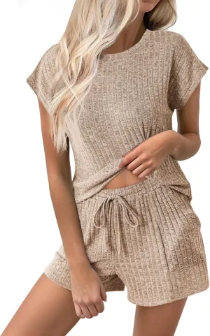 Ekouaer Pajamas Set for Women 2 Piece Pjs Ribbed Knit Lounge Set Cap Sleeve Loungewear Sleepwear S-XXL
