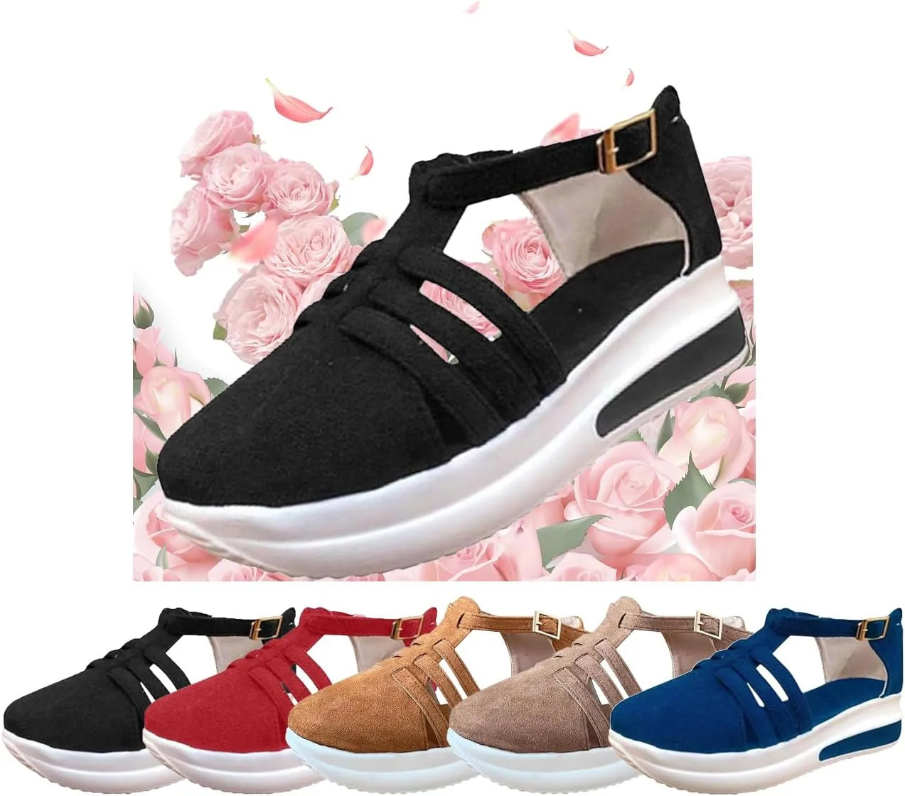 Elderly women shoes, women's comfortable casual summer women's ankle strap thick bottom wedge heel flat buckle walking shoes