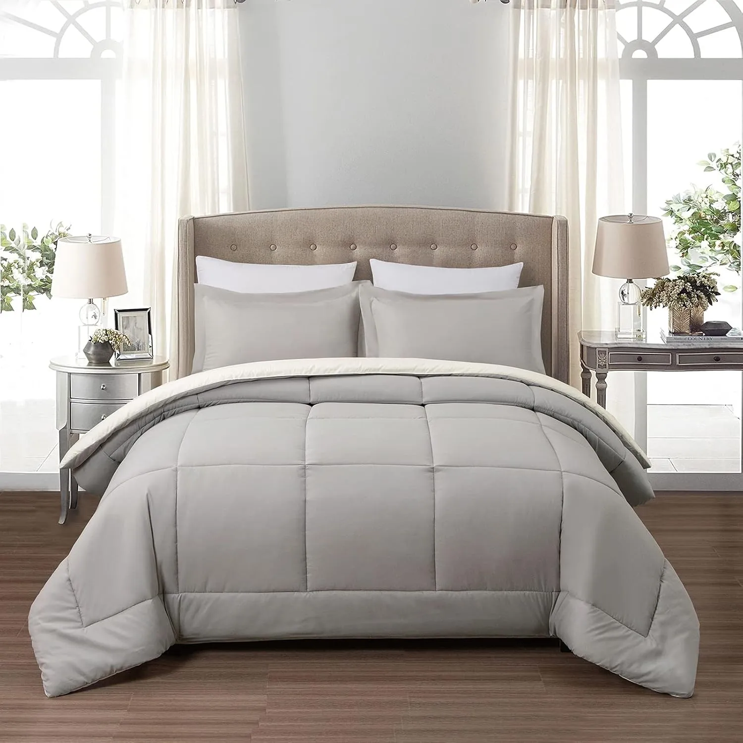 EMME Twin Comforter Set - Ultra Soft 5 Piece White Grey Bedding Sets, Twin Bed in a Bag, All Season Bed Set with 1 Comforter, 1 Flat Sheet, 1 Fitted Sheet, 1 Pillowcase and 1 Pillow Sham