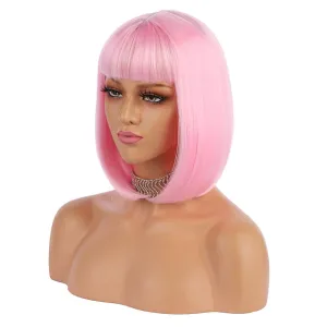 eNilecor Short Bob Hair Wigs 12" Straight with Flat Bangs Synthetic Colorful Cosplay Daily Party Wig for Women Natural As Real Hair  Free Wig Cap (Light Pink)